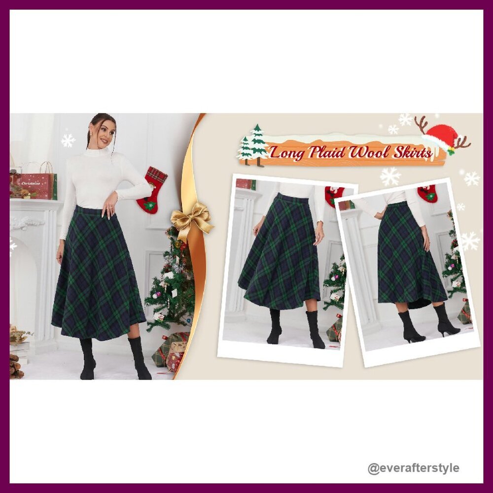 Wool Plaid Skirt A-Line Pleated Midi Classic Fall Winter Elegant Chic - Picture 5 of 6